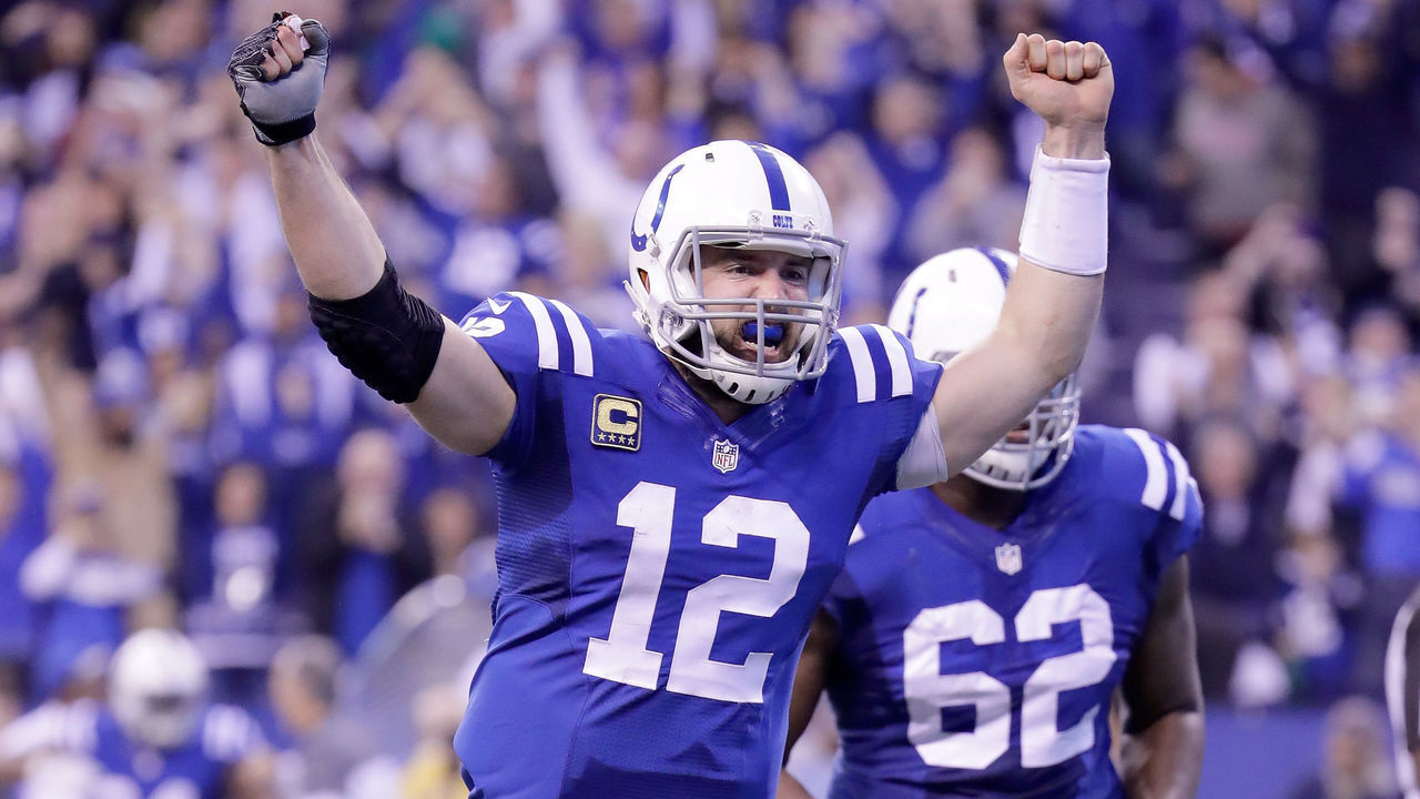 INDIANAPOLIS, IN - JANUARY 01: Andrew Luck #12 of the Indianapolis Colts celebrates after throwing the game winning touchdown durling the game against the Jacksonville Jaguars at Lucas Oil Stadium on January 1, 2017 in Indianapolis, Indiana.