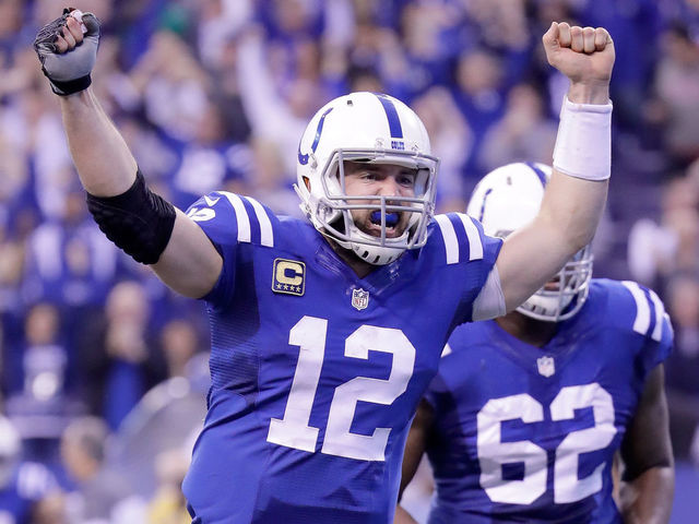 INDIANAPOLIS, IN - JANUARY 01: Andrew Luck #12 of the Indianapolis Colts celebrates after throwing the game winning touchdown durling the game against the Jacksonville Jaguars at Lucas Oil Stadium on January 1, 2017 in Indianapolis, Indiana.