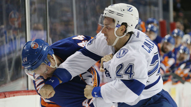 NEW YORK, NY - NOVEMBER 01: Calvin de Haan #44 of the New York Islanders and Ryan Callahan #24 of the Tampa Bay Lightning fight during the first period at the Barclays Center on November 1, 2016 in the Brooklyn borough of New York City.