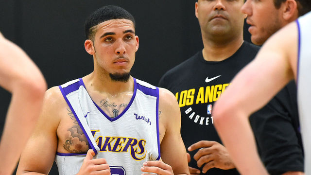 LOS ANGELES, CA - MAY 29: LiAngelo Ball #2 stands on the court as he listens to head coach Luke Walton of the Los Angeles Lakers during the Los Angeles Lakers 2018 NBA Pre-Draft Workout on May 29, 2018 in Los Angeles, California.