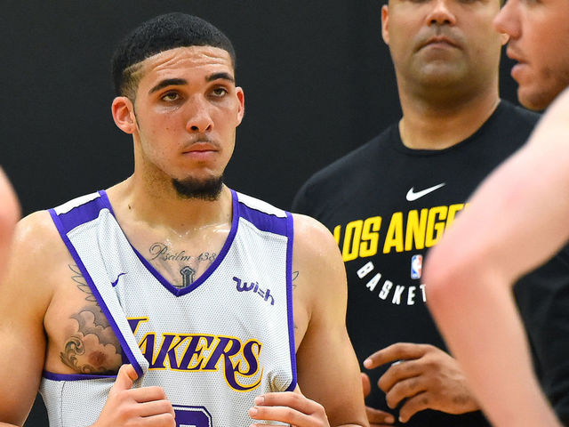 LOS ANGELES, CA - MAY 29: LiAngelo Ball #2 stands on the court as he listens to head coach Luke Walton of the Los Angeles Lakers during the Los Angeles Lakers 2018 NBA Pre-Draft Workout on May 29, 2018 in Los Angeles, California.