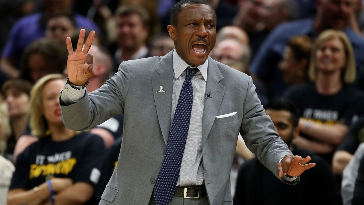 CLEVELAND, OH - MAY 05: Head coach Dwane Casey of the Toronto Raptors reacts while playing the Cleveland Cavaliers in Game Three of the Eastern Conference Semifinals during the 2018 NBA Playoffs at Quicken Loans Arena on May 5, 2018 in Cleveland, Ohio.