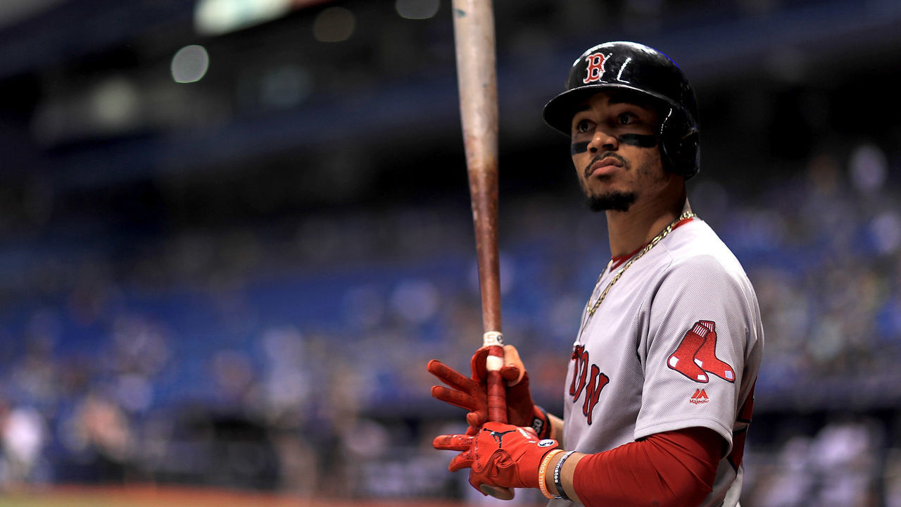 ST PETERSBURG, FL - MAY 22: Mookie Betts #50 of the Boston Red Sox looks on during a game against the Tampa Bay Rays at Tropicana Field on May 22, 2018 in St Petersburg, Florida.