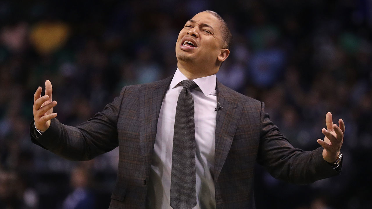 BOSTON, MA - MAY 15: Head coach Tyronn Lue of the Cleveland Cavaliers reacts in the first half against the Boston Celtics during Game Two of the 2018 NBA Eastern Conference Finals at TD Garden on May 15, 2018 in Boston, Massachusetts.