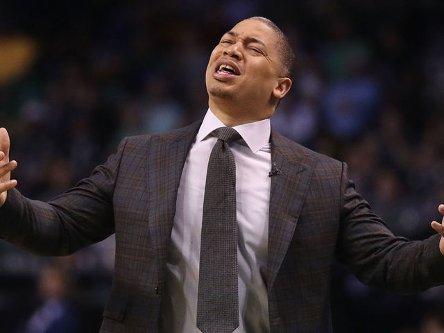 BOSTON, MA - MAY 15: Head coach Tyronn Lue of the Cleveland Cavaliers reacts in the first half against the Boston Celtics during Game Two of the 2018 NBA Eastern Conference Finals at TD Garden on May 15, 2018 in Boston, Massachusetts.