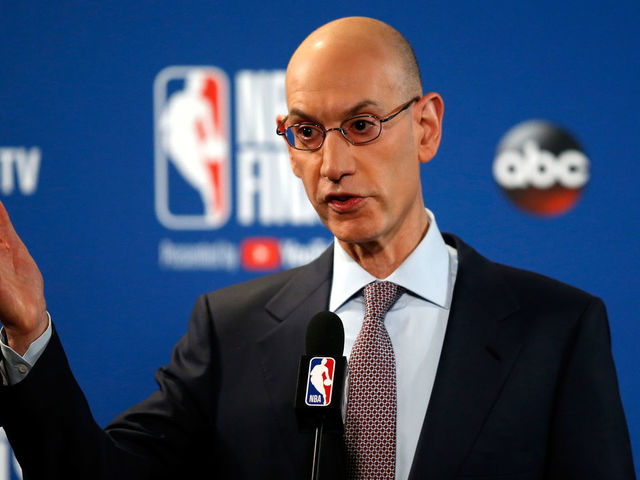 OAKLAND, CA - MAY 31: Commissioner Adam Silver of the NBA addresses the media before Game 1 of the 2018 NBA Finals at ORACLE Arena between the Golden State Warriors and the Cleveland Cavaliers on May 31, 2018 in Oakland, California.