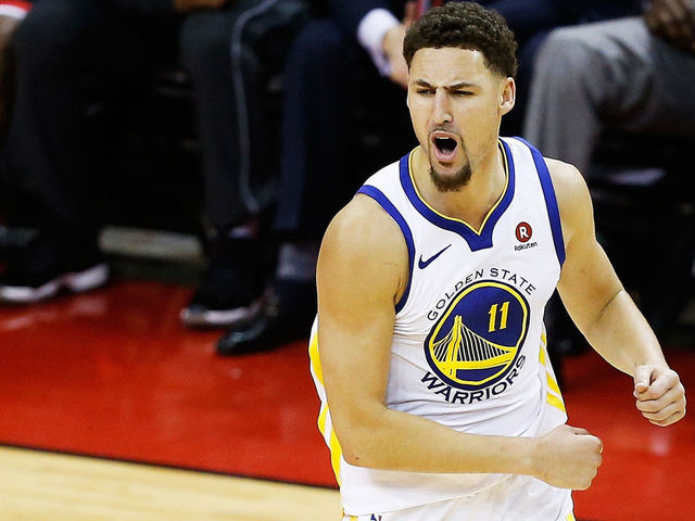 HOUSTON, TX - MAY 28: Klay Thompson #11 of the Golden State Warriors reacts in the fourth quarter of Game Seven of the Western Conference Finals of the 2018 NBA Playoffs against the Houston Rockets at Toyota Center on May 28, 2018 in Houston, Texas.
