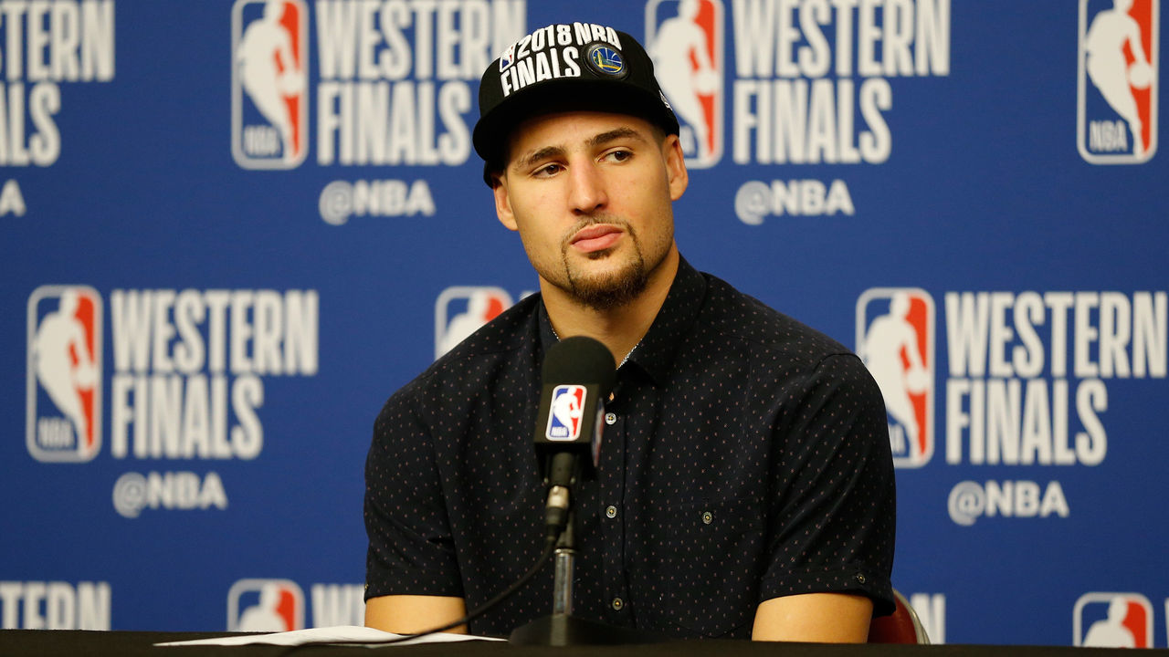 HOUSTON, TX - MAY 28: Klay Thompson #11 of the Golden State Warriors speaks to the media after their 101 to 92 iwn over the Houston Rockets in Game Seven of the Western Conference Finals of the 2018 NBA Playoffs at Toyota Center on May 28, 2018 in Houston, Texas.