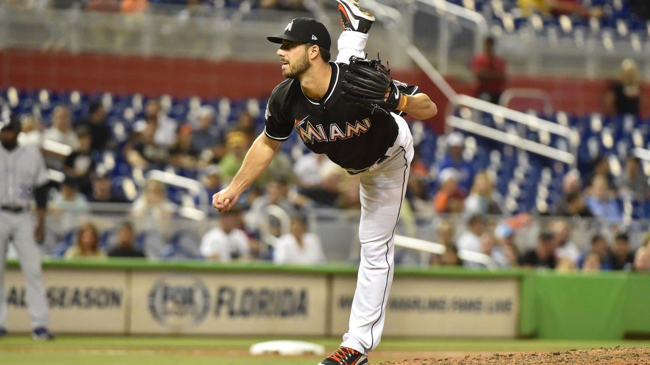 MIAMI, FL - APRIL 28: Kyle Barraclough #46 of the Miami Marlins throws a pitch during the ninth inning against the Colorado Rockies at Marlins Park on April 28, 2018 in Miami, Florida.
