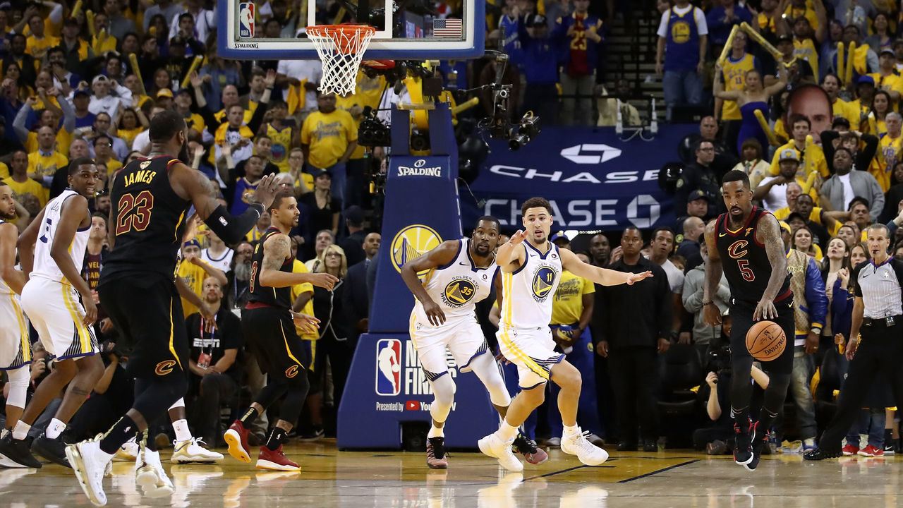 OAKLAND, CA - MAY 31: JR Smith #5 of the Cleveland Cavaliers rebounds the ball after a free throw in the closing seconds against the Golden State Warriors in Game 1 of the 2018 NBA Finals at ORACLE Arena on May 31, 2018 in Oakland, California.