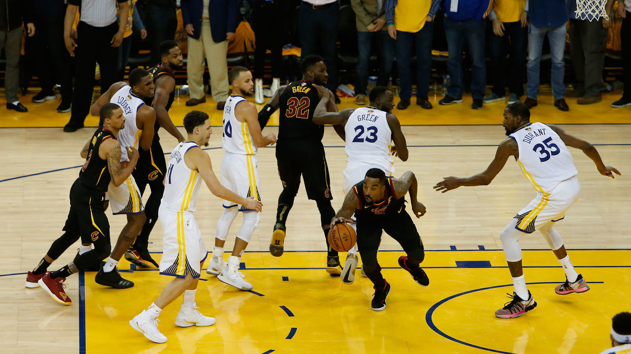 OAKLAND, CA - MAY 31: JR Smith #5 of the Cleveland Cavaliers rebounds the ball after a free throw in the closing seconds against the Golden State Warriors in Game 1 of the 2018 NBA Finals at ORACLE Arena on May 31, 2018 in Oakland, California.