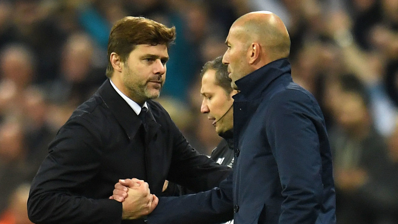 LONDON, ENGLAND - NOVEMBER 01: Mauricio Pochettino, Manager of Tottenham Hotspur and Zinedine Zidane, Manager of Real Madrid shake hands following the game at the UEFA Champions League group H match between Tottenham Hotspur and Real Madrid at Wembley Stadium on November 1, 2017 in London, United Kingdom.