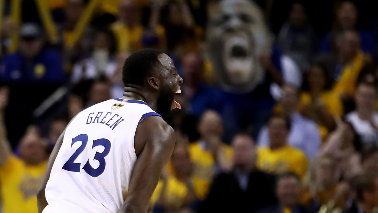 OAKLAND, CA - MAY 31: Draymond Green #23 of the Golden State Warriors reacts against the Cleveland Cavaliers during the second half in Game 1 of the 2018 NBA Finals at ORACLE Arena on May 31, 2018 in Oakland, California.