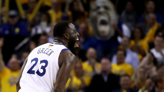 OAKLAND, CA - MAY 31: Draymond Green #23 of the Golden State Warriors reacts against the Cleveland Cavaliers during the second half in Game 1 of the 2018 NBA Finals at ORACLE Arena on May 31, 2018 in Oakland, California.