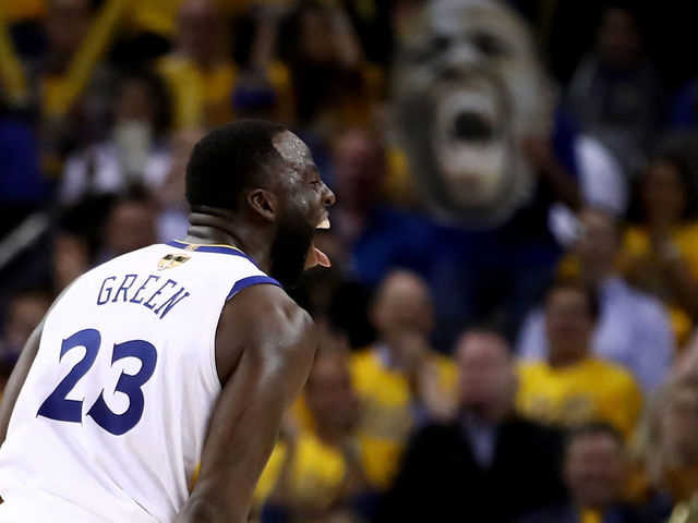 OAKLAND, CA - MAY 31: Draymond Green #23 of the Golden State Warriors reacts against the Cleveland Cavaliers during the second half in Game 1 of the 2018 NBA Finals at ORACLE Arena on May 31, 2018 in Oakland, California.