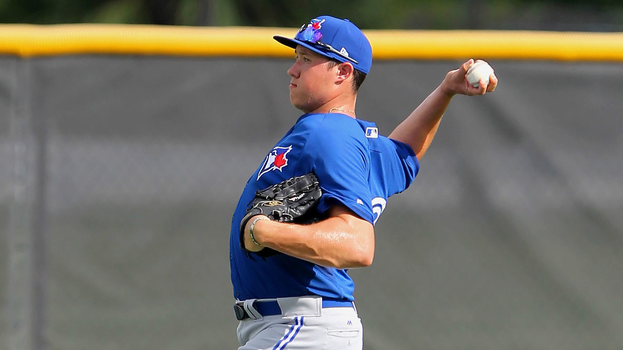 TAMPA, FL - JUL 08: 2017 first round pick Nate Pearson of the Blue Jays warms up before the Gulf Coast League game between the Blue Jays and the Yankees on July 08, 2017, at the New York Yankees Minor League Complex in Tampa, FL.