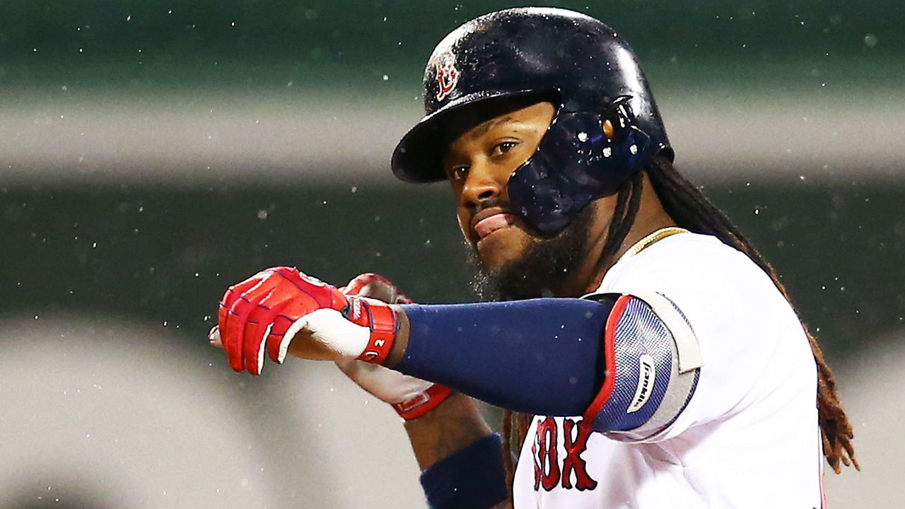 BOSTON, MA - APRIL 30: Hanley Ramirez #13 of the Boston Red Sox reacts after hitting a double in the third inning of a game against the Kansas City Royals at Fenway Park on April 30, 2018 in Boston, Massachusetts.