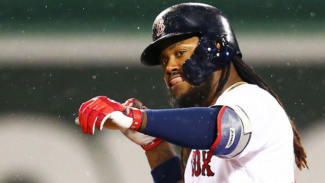 BOSTON, MA - APRIL 30: Hanley Ramirez #13 of the Boston Red Sox reacts after hitting a double in the third inning of a game against the Kansas City Royals at Fenway Park on April 30, 2018 in Boston, Massachusetts.