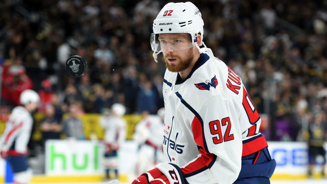 LAS VEGAS, NV - MAY 30: Washington Capitals Center Evgeny Kuznetsov (92) shows off his puck handling skills while warming up prior to game 2 of the Stanley Cup Final between the Washington Capitals and the Las Vegas Golden Knights on May 30, 2018 at T-Mobile Arena in Las Vegas, NV.
