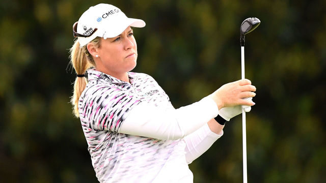 LOS ANGELES, CA - APRIL 20: Brittany Lincicome reacts to her tee shot on the 14th hole during round two of the Hugel-JTBC Championship at the Wilshire Country Club on April 20, 2018 in Los Angeles, California.