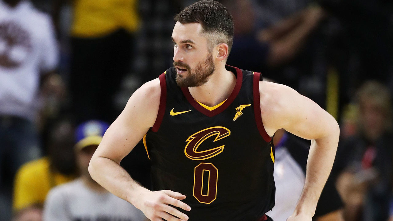 OAKLAND, CA - MAY 31: Kevin Love #0 of the Cleveland Cavaliers runs against the Golden State Warriors in Game 1 of the 2018 NBA Finals at ORACLE Arena on May 31, 2018 in Oakland, California.