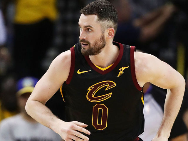 OAKLAND, CA - MAY 31: Kevin Love #0 of the Cleveland Cavaliers runs against the Golden State Warriors in Game 1 of the 2018 NBA Finals at ORACLE Arena on May 31, 2018 in Oakland, California.