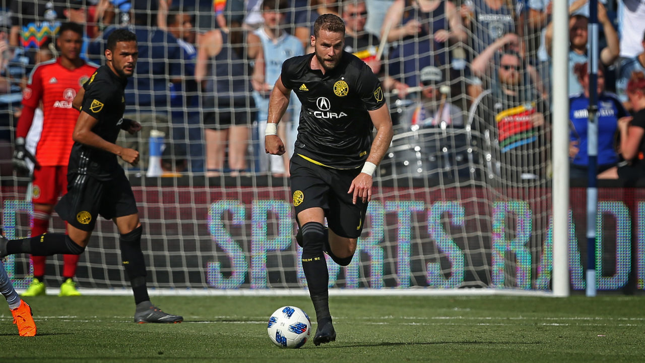 KANSAS CITY, KS - MAY 27: Columbus Crew defender Josh Williams (3) in the first half of an MLS match between the Columbus Crew SC and Sporting Kansas City on May 27, 2018 at Children's Mercy Park in Kansas City, KS.