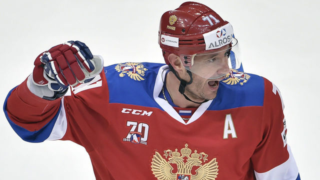 Russia's forward Ilya Kovalchuk celebrates a goal during the Channel One Cup of the Euro Hockey Tour ice hockey match between Russia and Czech Republic in Moscow on December 16, 2016. / AFP / Alexander NEMENOV