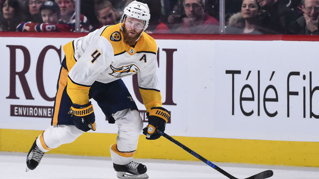 MONTREAL, QC - FEBRUARY 10: Ryan Ellis #4 of the Nashville Predators skates against the Montreal Canadiens during the NHL game at the Bell Centre on February 10, 2018 in Montreal, Quebec, Canada. The Nashville Predators defeated the Montreal Canadiens 3-2 in a shootout.