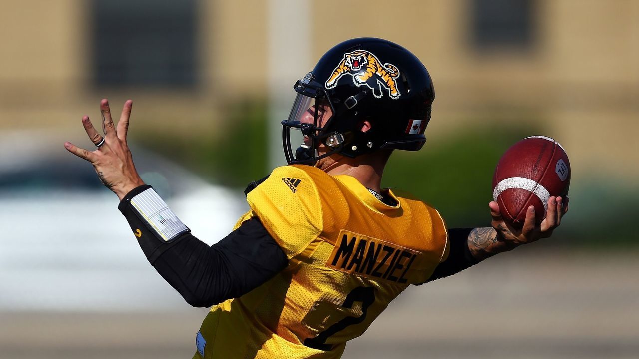 HAMILTON, ON - MAY 28: Johnny Manziel #2 of the Hamilton Tiger-Cats takes part in a preseason practice session at Ron Joyce Stadium on May 28, 2018 in Hamilton, Canada.
