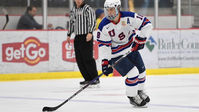 CRANBERRY TOWNSHIP, PA - SEPTEMBER 30: Oliver Wahlstrom #18 skates with the puck in the third period during the game against the Omaha Lancers on Day 3 of the USHL Fall Classic at UPMC Lemieux Sports Complex on September 30, 2017 in Cranberry Township, Pennsylvania.