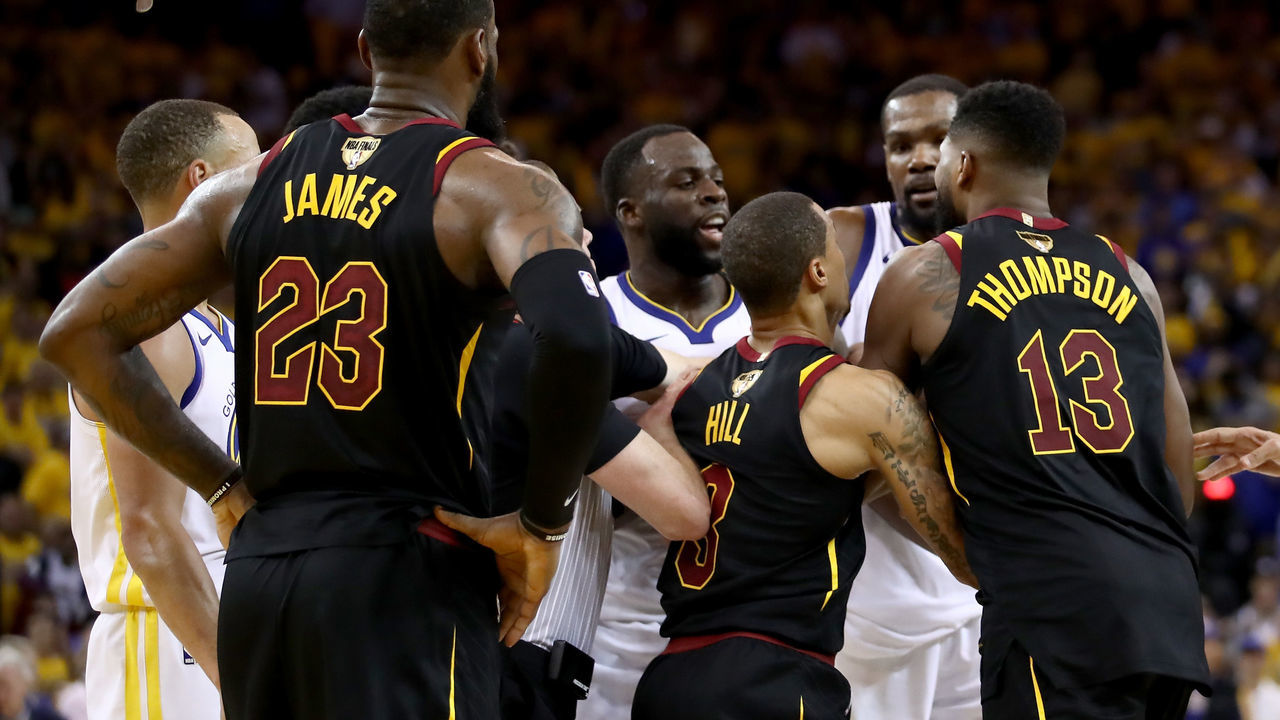 OAKLAND, CA - MAY 31: Tristan Thompson #13 of the Cleveland Cavaliers and Draymond Green #23 of the Golden State Warriors exchange words in overtime during Game 1 of the 2018 NBA Finals at ORACLE Arena on May 31, 2018 in Oakland, California.