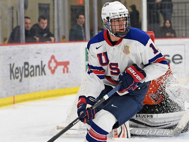 CRANBERRY TOWNSHIP, PA - SEPTEMBER 30: Bode Wilde #15 of Team USA skates with the puck against the Omaha Lancers in the third period during the game on Day 3 of the USHL Fall Classic at UPMC Lemieux Sports Complex on September 30, 2017 in Cranberry Township, Pennsylvania.