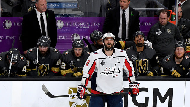 LAS VEGAS, NV - MAY 30: Alex Ovechkin #8 of the Washington Capitals looks on against the Vegas Golden Knights during the third period in Game Two of the 2018 NHL Stanley Cup Final at T-Mobile Arena on May 30, 2018 in Las Vegas, Nevada.
