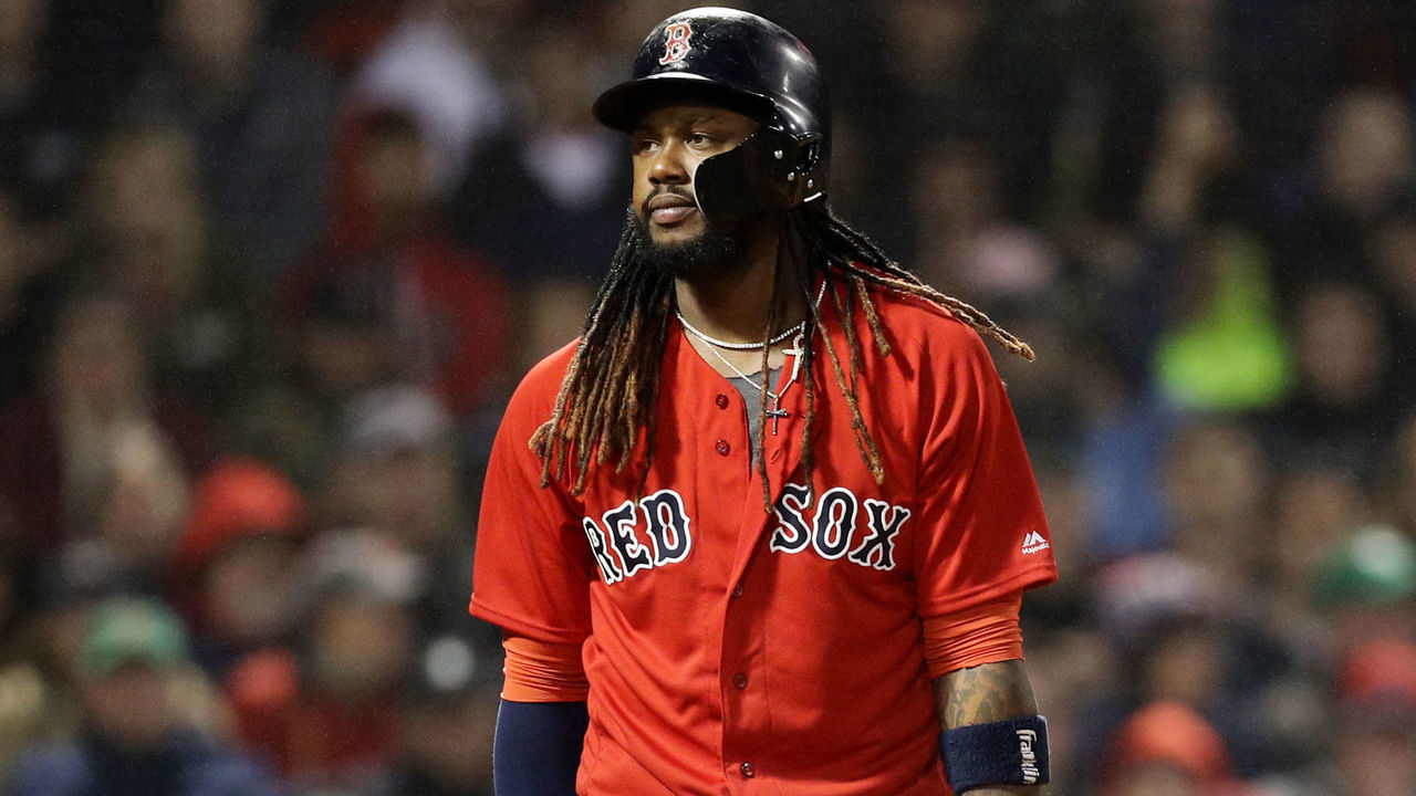 BOSTON, MA - APRIL 27: Hanley Ramirez #13 of the Boston Red Sox reacts after striking out during the sixth inning against the Tampa Bay Rays at Fenway Park on April 27, 2018 in Boston, Massachusetts.