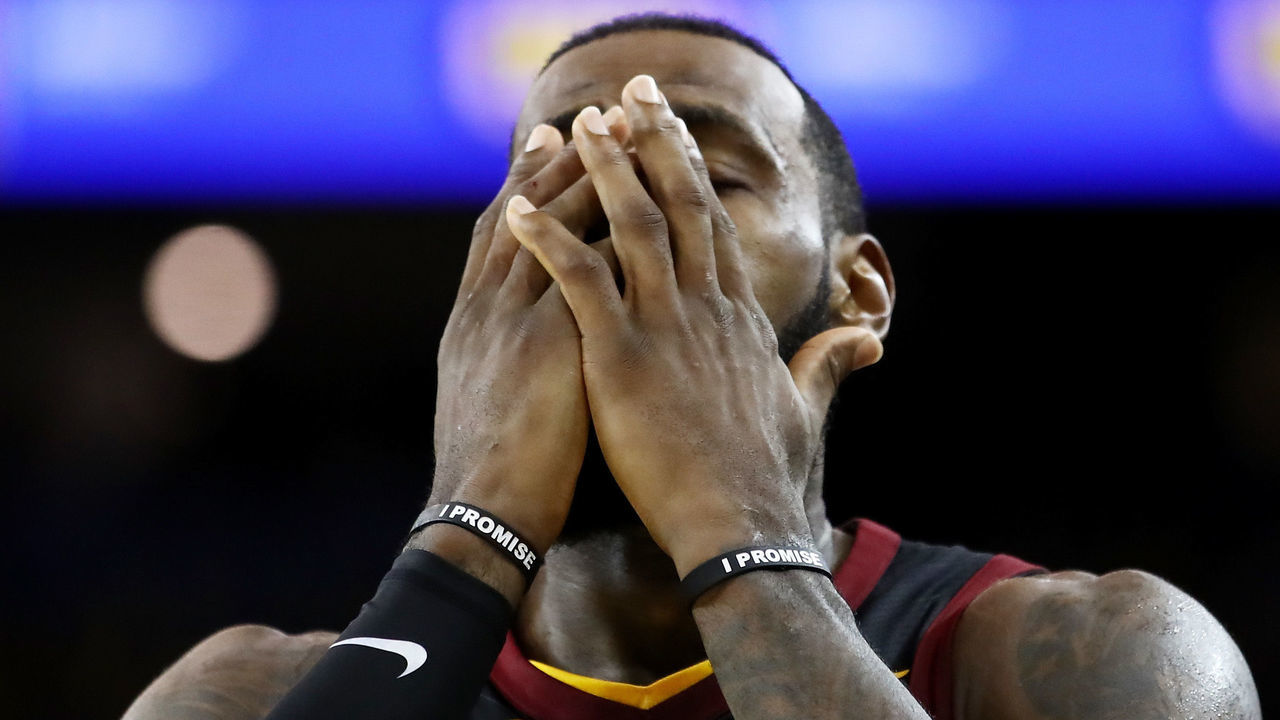 OAKLAND, CA - MAY 31: LeBron James #23 of the Cleveland Cavaliers reacts against the Golden State Warriors in Game 1 of the 2018 NBA Finals at ORACLE Arena on May 31, 2018 in Oakland, California.