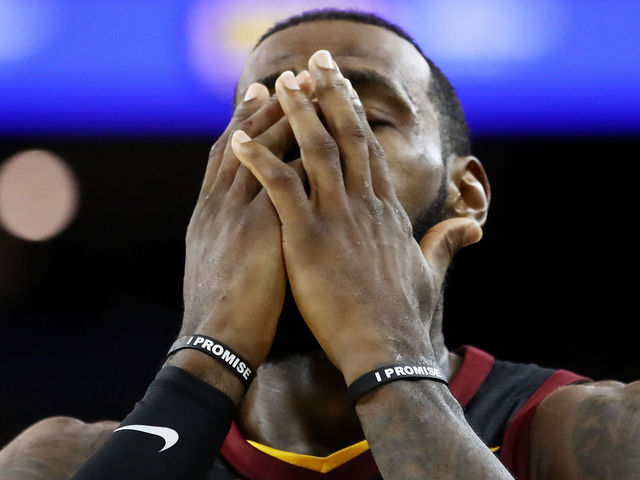 OAKLAND, CA - MAY 31: LeBron James #23 of the Cleveland Cavaliers reacts against the Golden State Warriors in Game 1 of the 2018 NBA Finals at ORACLE Arena on May 31, 2018 in Oakland, California.