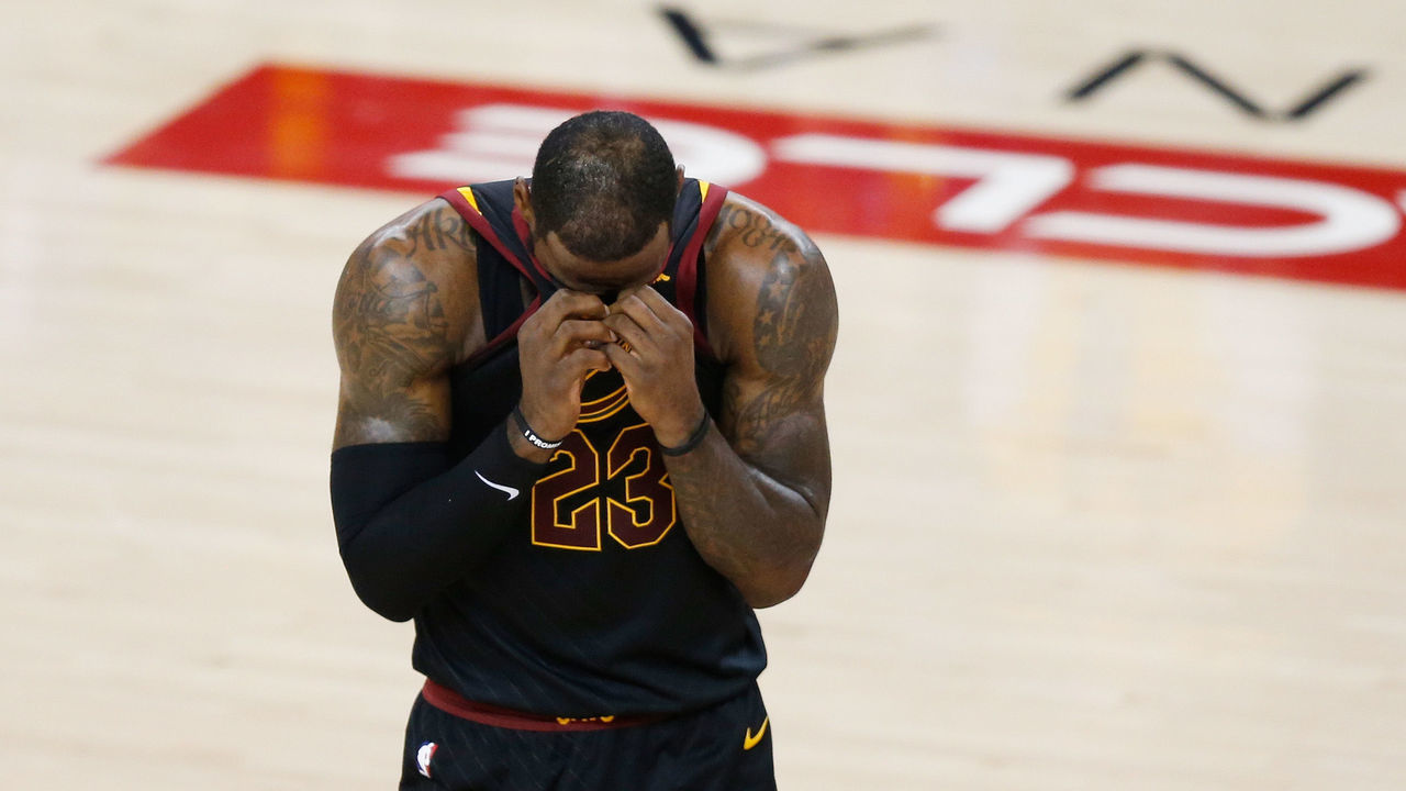 OAKLAND, CA - MAY 31: LeBron James #23 of the Cleveland Cavaliers reacts against the Golden State Warriors in Game 1 of the 2018 NBA Finals at ORACLE Arena on May 31, 2018 in Oakland, California.