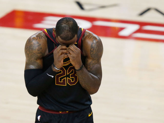OAKLAND, CA - MAY 31: LeBron James #23 of the Cleveland Cavaliers reacts against the Golden State Warriors in Game 1 of the 2018 NBA Finals at ORACLE Arena on May 31, 2018 in Oakland, California.