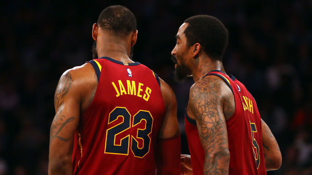 NEW YORK, NY - APRIL 09: LeBron James #23 and JR Smith #5 of the Cleveland Cavaliers speak in the fourth quarter against the New York Knicks at Madison Square Garden on April 9, 2018 in New York City.