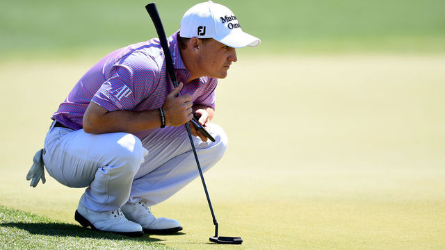 HUMBLE, TX - MARCH 30: Bud Cauley lines up a putt on the 18th green during the second round of the Houston Open at the Golf Club of Houston on March 30, 2018 in Humble, Texas.