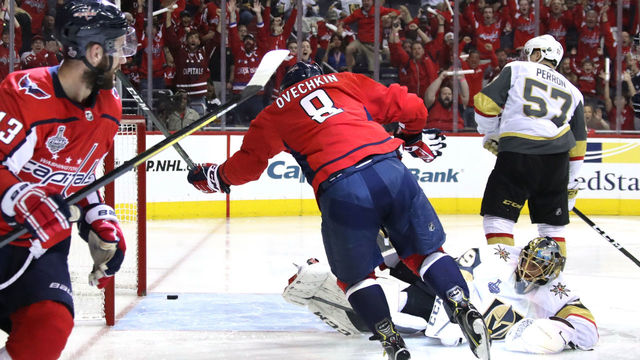 WASHINGTON, DC - JUNE 02: Alex Ovechkin #8 of the Washington Capitals celebrates his second-period goal as Marc-Andre Fleury #29 of the Vegas Golden Knights reacts in Game Three of the 2018 NHL Stanley Cup Final at Capital One Arena on June 2, 2018 in Washington, DC.
