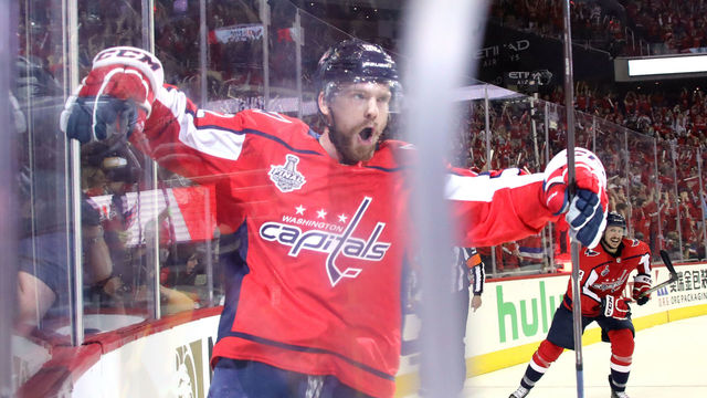 WASHINGTON, DC - JUNE 02: Evgeny Kuznetsov #92 of the Washington Capitals celebrates his second-period goal against the Vegas Golden Knights in Game Three of the 2018 NHL Stanley Cup Final at Capital One Arena on June 2, 2018 in Washington, DC.