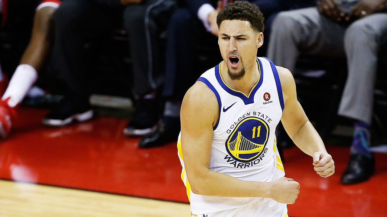 HOUSTON, TX - MAY 28: Klay Thompson #11 of the Golden State Warriors reacts in the fourth quarter of Game Seven of the Western Conference Finals of the 2018 NBA Playoffs against the Houston Rockets at Toyota Center on May 28, 2018 in Houston, Texas.