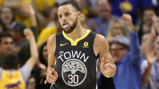 OAKLAND, CA - MAY 22: Stephen Curry #30 of the Golden State Warriors reacts after scoring against the Houston Rockets during Game Four of the Western Conference Finals of the 2018 NBA Playoffs at ORACLE Arena on May 22, 2018 in Oakland, California.