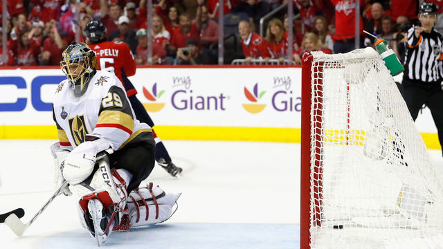 WASHINGTON, DC - JUNE 02: Goaltender Marc-Andre Fleury #29 of the Vegas Golden Knights lets in the puck on a goal by Devante Smith-Pelly #25 of the Washington Capitals during the third period of Game Three of the 2018 NHL Stanley Cup Final at Capital One Arena on June 2, 2018 in Washington, DC.