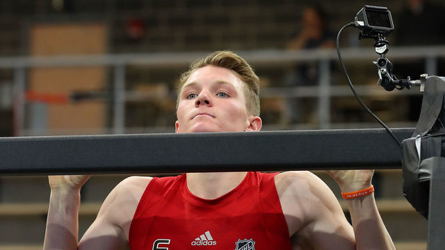 BUFFALO, NY - JUNE 2: Ty Dellandrea performs pull-ups during the NHL Scouting Combine on June 2, 2018 at HarborCenter in Buffalo, New York.