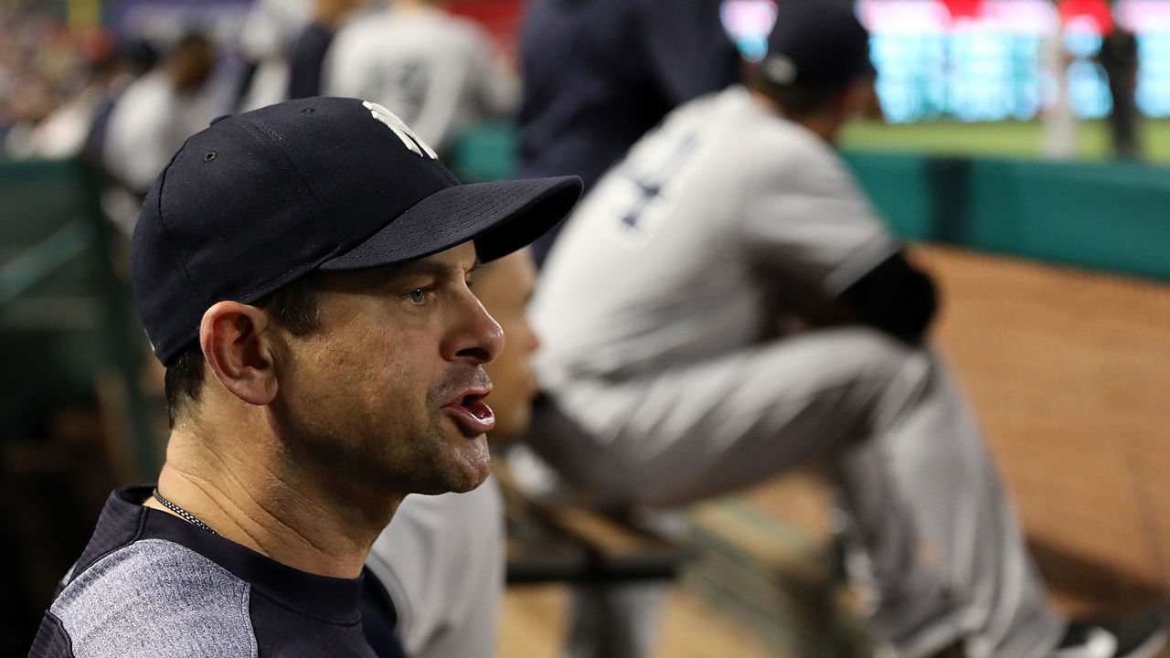 ARLINGTON, TX - MAY 22: Manager Aaron Boone of the New York Yankees argues with homeplate umpire Pat Hoberg #31 during play against the Texas Rangers at Globe Life Park in Arlington on May 22, 2018 in Arlington, Texas.