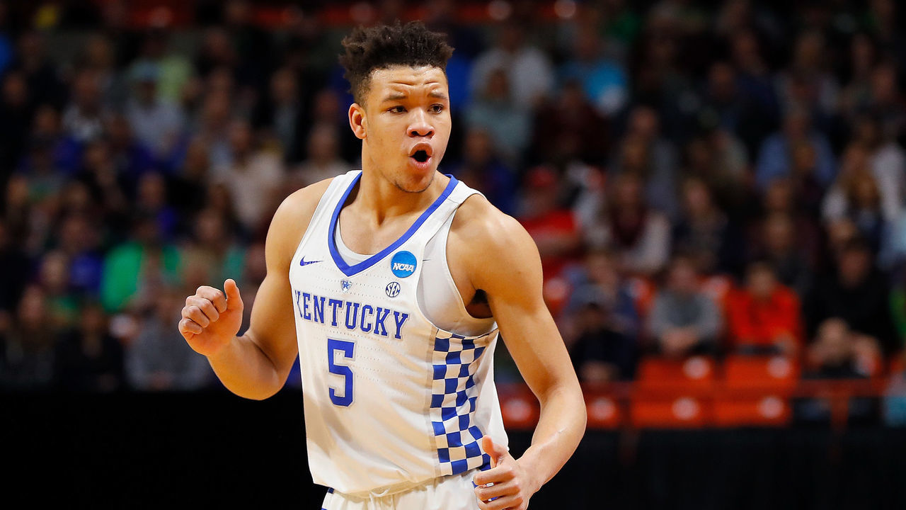 BOISE, ID - MARCH 17: Kevin Knox #5 of the Kentucky Wildcats reacts during the first half against the Buffalo Bulls in the second round of the 2018 NCAA Men's Basketball Tournament at Taco Bell Arena on March 17, 2018 in Boise, Idaho.