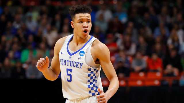 BOISE, ID - MARCH 17: Kevin Knox #5 of the Kentucky Wildcats reacts during the first half against the Buffalo Bulls in the second round of the 2018 NCAA Men's Basketball Tournament at Taco Bell Arena on March 17, 2018 in Boise, Idaho.